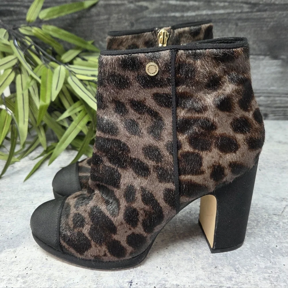 Karl Lagerfeld Black Brown Calfhair Leopard Lainey Heeled Ankle Bootie Size 5